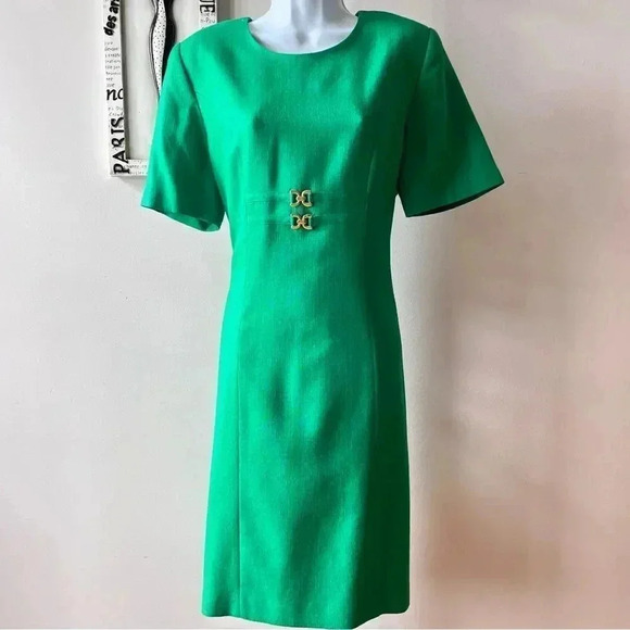 Vintage Old Money Kasper A.S.L Green Short Sleeve Textured Shift Dress Size 12 - Picture 1 of 12